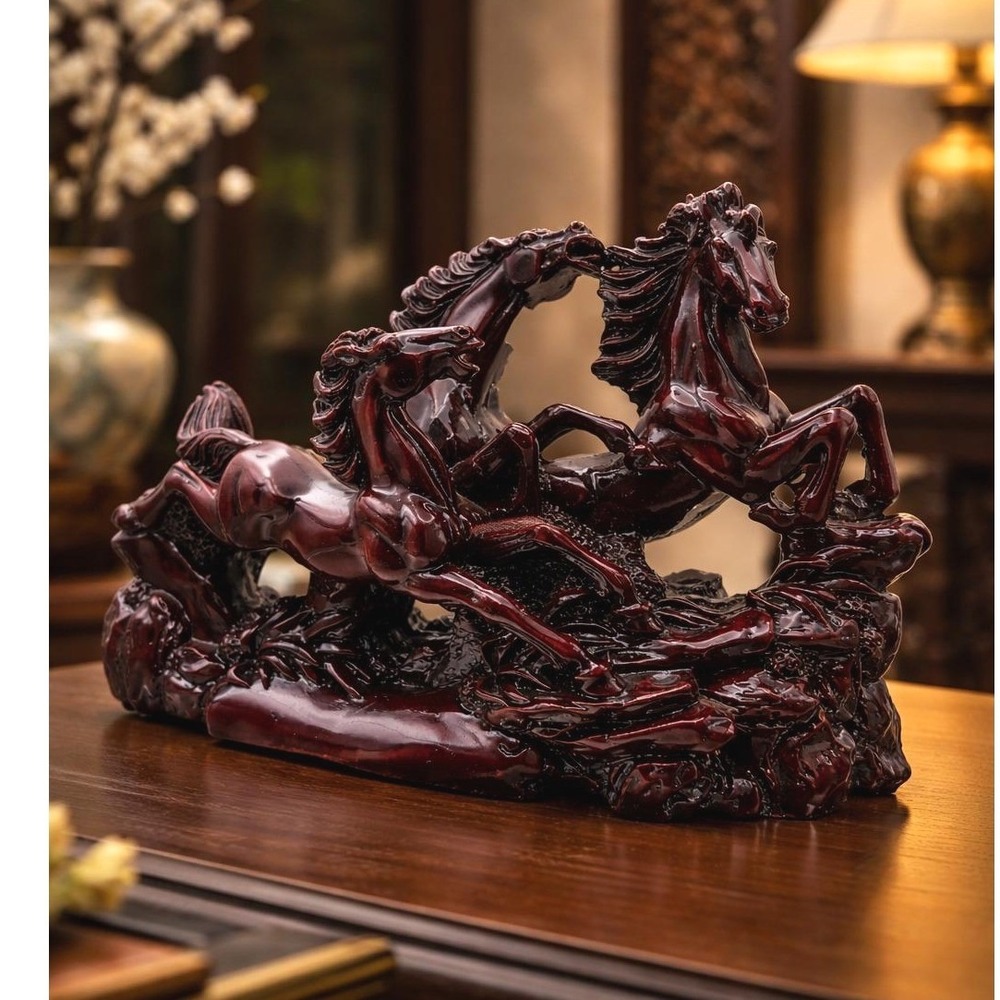 Vintage Feng Shui Galloping Horses Sculpture Oxblood Resin Statue Asian Decor